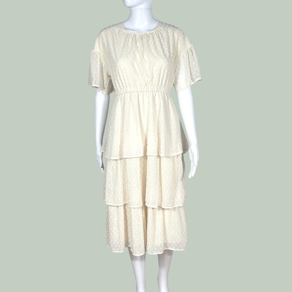 Friful Cream Swiss Dot Tiered Midi Dress XS Short Sleeve Elastic Waist Chiffon